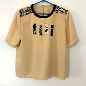 Tan Boxy Short Sleeve Blouse with Black Embellishments